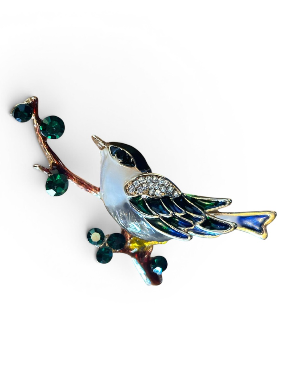 Blue Green Enamel Bird Brooch with Crystal Accents